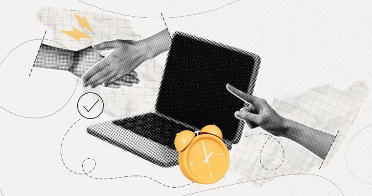 Collage Image of People Shaking Hands, Open Laptop and Yellow Alarm Clock in Business Partnership