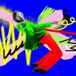 Art Collage with Bright Colors of Man Pointing While Leaning Backwards