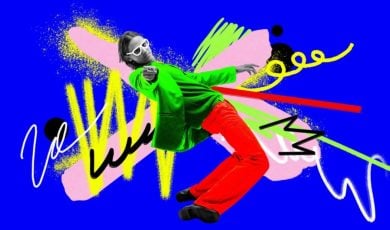 Art Collage with Bright Colors of Man Pointing While Leaning Backwards