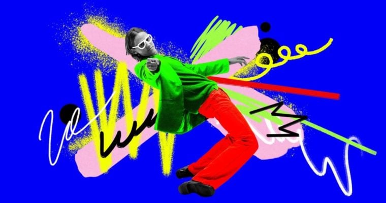 Art Collage with Bright Colors of Man Pointing While Leaning Backwards