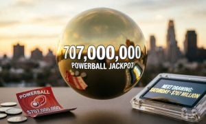 Gold Power Ball Reads $700,000,000 with Tablet Beside it Displaying Next Drawing is Saturday