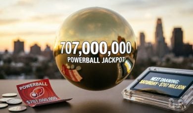 Gold Power Ball Reads $700,000,000 with Tablet Beside it Displaying Next Drawing is Saturday
