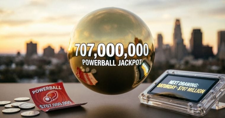 Gold Power Ball Reads $700,000,000 with Tablet Beside it Displaying Next Drawing is Saturday