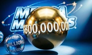 AI Generated Image of Mega Millions Gold Ball with $800,000,000 Written on Blue Background