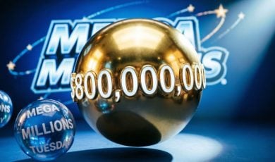 AI Generated Image of Mega Millions Gold Ball with $800,000,000 Written on Blue Background