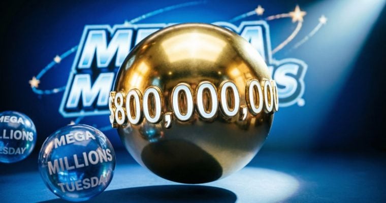 AI Generated Image of Mega Millions Gold Ball with $800,000,000 Written on Blue Background