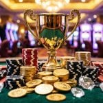 Casino Floor With Gold Trophy, Gold Coins, Poker Chips and Diamonds Sitting on Green Gaming Table