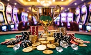 Casino Floor With Gold Trophy, Gold Coins, Poker Chips and Diamonds Sitting on Green Gaming Table