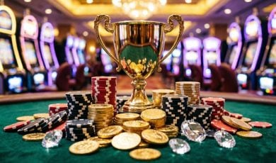 Casino Floor With Gold Trophy, Gold Coins, Poker Chips and Diamonds Sitting on Green Gaming Table
