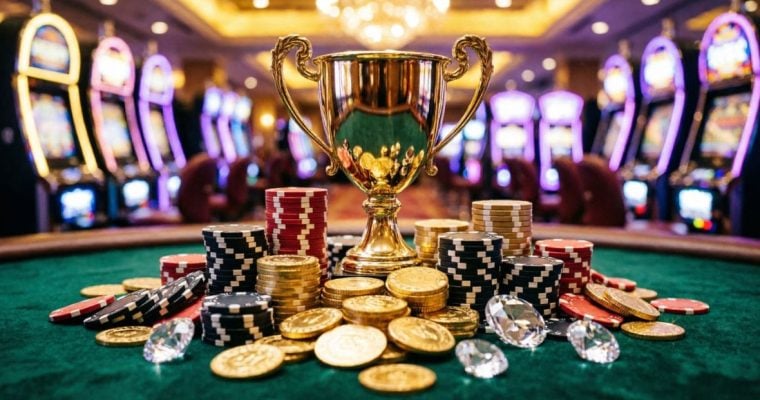 Casino Floor With Gold Trophy, Gold Coins, Poker Chips and Diamonds Sitting on Green Gaming Table