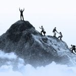 A Group of People Climb Grey Mountain Toward Peak on White Background