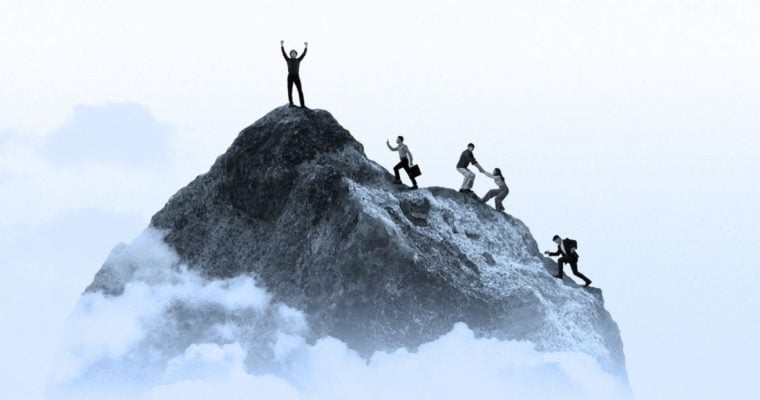 A Group of People Climb Grey Mountain Toward Peak on White Background