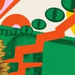 Art Collage Concept of Financial Growth, Economic Trends with Orange Arrow and Gold Coins