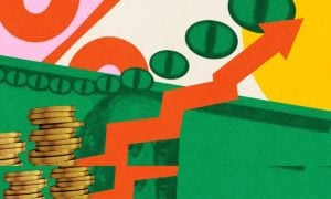 Art Collage Concept of Financial Growth, Economic Trends with Orange Arrow and Gold Coins