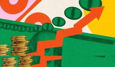 Art Collage Concept of Financial Growth, Economic Trends with Orange Arrow and Gold Coins