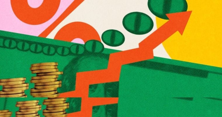 Art Collage Concept of Financial Growth, Economic Trends with Orange Arrow and Gold Coins