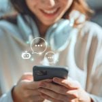 Young Woman Holding Cell Phone Converses With an AI Chatbot