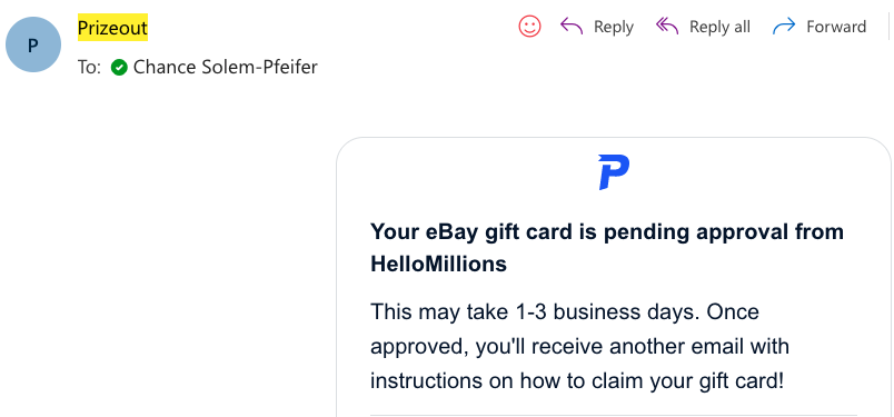 Hello Millions gift card prize email