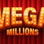 Marquee Bulbs Spell Mega with Millions Text Below on Red Curtain Background