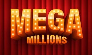 Marquee Bulbs Spell Mega with Millions Text Below on Red Curtain Background
