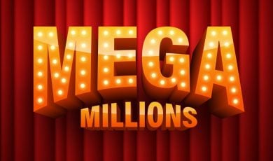 Marquee Bulbs Spell Mega with Millions Text Below on Red Curtain Background