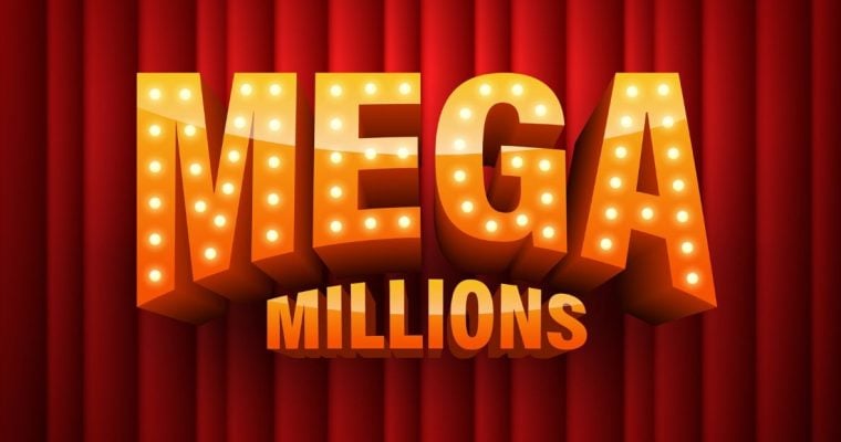 Marquee Bulbs Spell Mega with Millions Text Below on Red Curtain Background