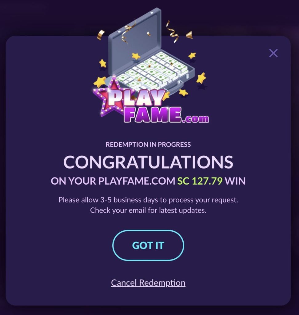 PlayFame Casino cash prize redemption