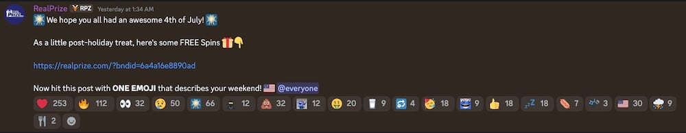 RealPrize free spins Discord bonus
