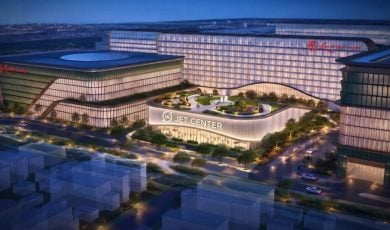 Image Rendering of Bright Lights Shining in the Evening at Fully Developed RWNYC $5.5B Project
