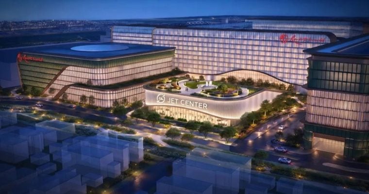 Image Rendering of Bright Lights Shining in the Evening at Fully Developed RWNYC $5.5B Project