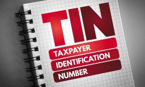 Open Notebook on Grey Background Reads TIN Taxpayer Identification Number