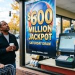 Powerball Window Sign Reads $600 Million Jackpot While Three People Pass By
