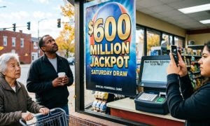 Powerball Window Sign Reads $600 Million Jackpot While Three People Pass By