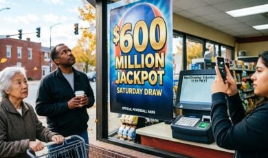 Powerball Window Sign Reads $600 Million Jackpot While Three People Pass By