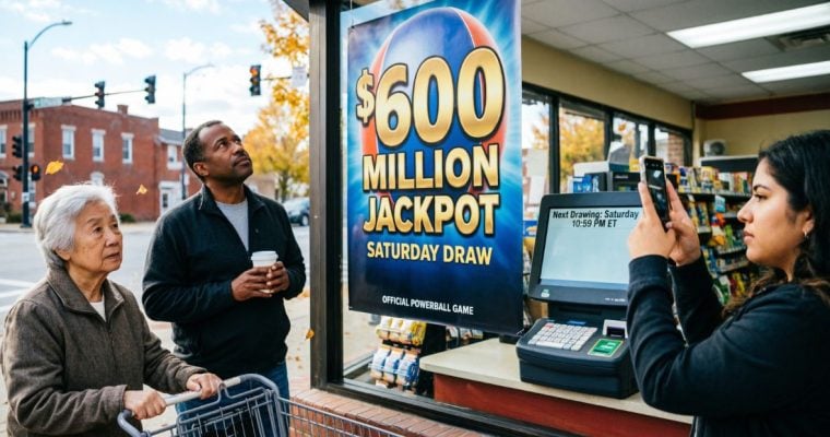 Powerball Window Sign Reads $600 Million Jackpot While Three People Pass By