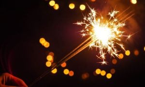 Fourth of July Lit Fire Sparklers Glowing Bright Yellow in the Dark