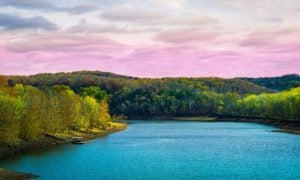 Pink Skies, Autumn Foliage and Blue Waters at Lake of the Ozarks in Missouri