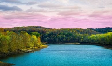 Pink Skies, Autumn Foliage and Blue Waters at Lake of the Ozarks in Missouri