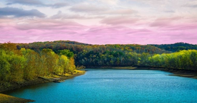 Pink Skies, Autumn Foliage and Blue Waters at Lake of the Ozarks in Missouri