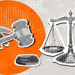 Art Collage Featuring Metal Balancing Scale with Hand on Judge's Gavel