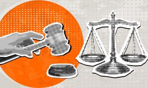 Art Collage Featuring Metal Balancing Scale with Hand on Judge's Gavel