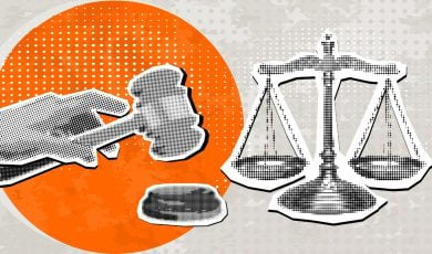 Art Collage Featuring Metal Balancing Scale with Hand on Judge's Gavel