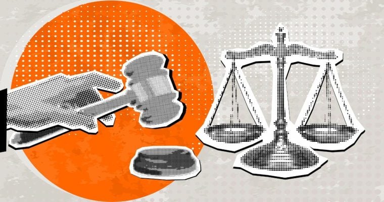 Art Collage Featuring Metal Balancing Scale with Hand on Judge's Gavel
