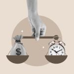 Art Collage of Hand Holding Scale with Clock and Money Bag on Opposite Ends