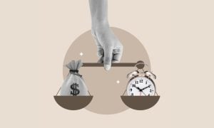 Art Collage of Hand Holding Scale with Clock and Money Bag on Opposite Ends