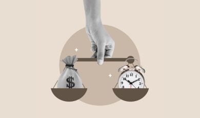 Art Collage of Hand Holding Scale with Clock and Money Bag on Opposite Ends