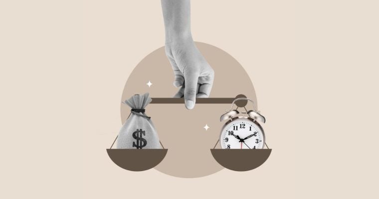 Art Collage of Hand Holding Scale with Clock and Money Bag on Opposite Ends