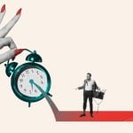 Disshevled Man Standing on Red Arrow Looks at Green Alarm Clock in Woman's Hand