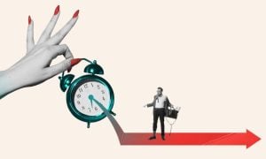 Disshevled Man Standing on Red Arrow Looks at Green Alarm Clock in Woman's Hand