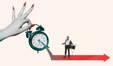 Disshevled Man Standing on Red Arrow Looks at Green Alarm Clock in Woman's Hand